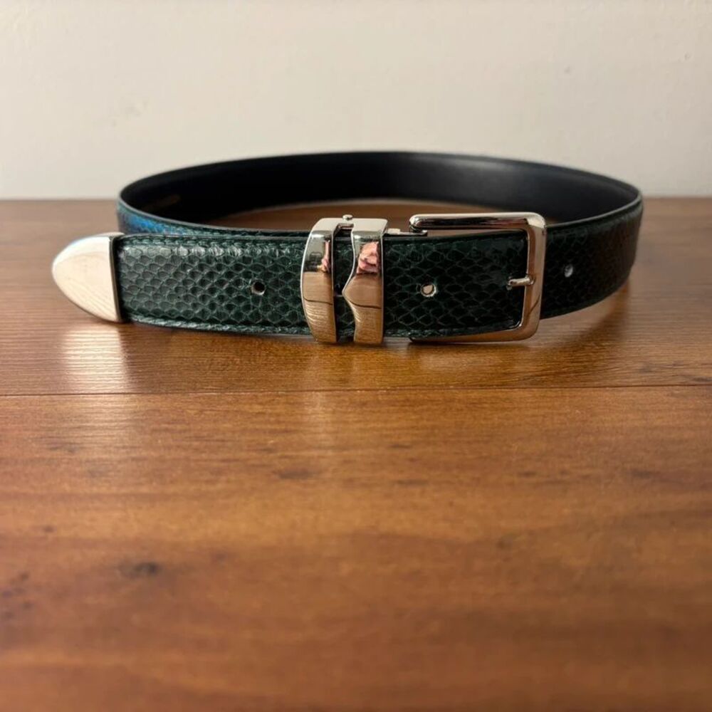 Vintage Dark Green Genuine Snakeskin Leather Belt Silver Hardware Western Tip